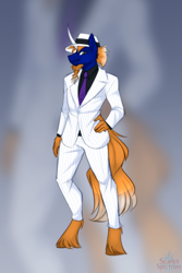 Size: 1080x1620 | Tagged: safe, artist:scarlet-spectrum, oc, oc only, oc:venomous stray, pony, unicorn, anthro, clothes, curved horn, hand on hip, hat, horn, male, solo, suit, unshorn fetlocks
