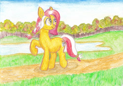 Size: 1024x718 | Tagged: safe, artist:malte279, oc, oc only, oc:colonia, earth pony, autumn, earth pony oc, lake, mascot, solo, traditional art, water, watercolor painting
