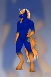 Size: 1080x1620 | Tagged: safe, artist:scarlet-spectrum, oc, oc only, oc:venomous stray, unicorn, anthro, artistic nudity, curved horn, featureless crotch, hand on hip, horn, male, nudity, solo, unshorn fetlocks