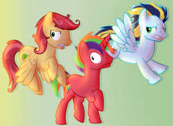 Size: 1235x900 | Tagged: safe, artist:karmadash, oc, oc only, oc:soarinjr, oc:spartanapple, oc:zap apple, oc:zappapple, pegasus, pony, unicorn, g4, accidental fire, apple family, best friends, commission, cousins, fire, fire glow, flying, gradient background, green eyes, just keep walking, magenta eyes, male, multicolored hair, next generation, offspring, panic, panicking, parent:applejack, parent:big macintosh, parent:braeburn, parent:fluttershy, parent:rainbow dash, parent:soarin', parents:braeshy, parents:rainbowmac, parents:soarinjack, rainbow hair, run away, shipping, story included, trio, two toned mane, walking away