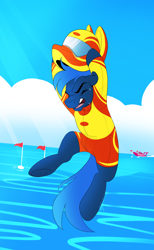 Size: 1680x2736 | Tagged: safe, artist:saddlepatch, oc, oc only, oc:skidfin, earth pony, pony, angry, boat, helmet, jumping, male, ocean, solo, water, wetsuit