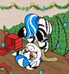 Size: 816x873 | Tagged: safe, artist:rokosmith26, oc, oc only, oc:louis, zebra, commission, decoration, embarrassed, glasses, hearth's warming, male, solo, tail, tail wrap, upside down, ych result