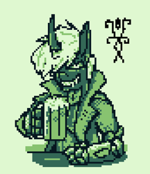 Size: 520x601 | Tagged: safe, artist:damset, oc, oc only, oc:da-mset, changeling, alcohol, beer, cloak, clothes, monochrome, ms paint, one eye, pixel art, solo, table