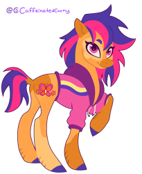 Size: 1240x1512 | Tagged: safe, artist:caffeinatedcarny, scootaloo (g3), earth pony, pony, g3, clothes, coat markings, concave belly, hoodie, looking at you, markings, redesign, simple background, slender, smiling, solo, thin, transparent background, unshorn fetlocks