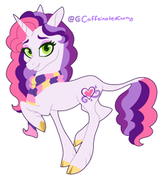 Size: 1379x1515 | Tagged: safe, artist:caffeinatedcarny, sweetie belle (g3), pony, unicorn, g3, clothes, cloven hooves, concave belly, eyeshadow, horn, leonine tail, looking at you, makeup, redesign, scarf, simple background, slender, smiling, solo, tail, thin, transparent background, unshorn fetlocks