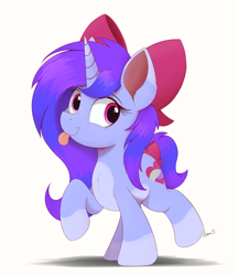 Size: 1878x2174 | Tagged: safe, artist:arcane-thunder, oc, oc only, oc:qular, pony, unicorn, :p, bow, female, hair bow, mare, simple background, solo, tail, tail bow, tongue out, white background