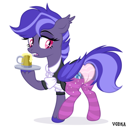 Size: 4500x4524 | Tagged: safe, artist:c1trine, artist:zakypo, oc, oc only, oc:night watch, bat pony, pony, base used, bat pony oc, butt, cider, cider mug, clothes, commission, dress, fangs, female, maid, mare, mug, open mouth, panties, plot, raised hoof, raised leg, simple background, socks, solo, standing on two hooves, striped socks, striped underwear, tray, underwear, unshorn fetlocks, white background, ych result