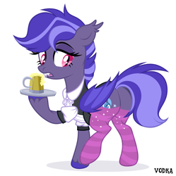 Size: 4500x4524 | Tagged: safe, alternate version, artist:c1trine, artist:zakypo, derpibooru exclusive, oc, oc only, oc:night watch, bat pony, pony, base used, bat pony oc, butt, cider, cider mug, clothes, commission, dress, fangs, female, maid, mare, mug, open mouth, plot, raised hoof, raised leg, simple background, socks, solo, standing on two hooves, striped socks, tray, unshorn fetlocks, white background, ych result