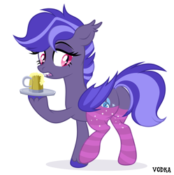 Size: 4500x4524 | Tagged: safe, alternate version, artist:c1trine, artist:zakypo, derpibooru exclusive, oc, oc only, oc:night watch, bat pony, pony, base used, bat pony oc, butt, cider, cider mug, clothes, commission, fangs, female, mare, mug, open mouth, plot, raised hoof, raised leg, simple background, socks, solo, standing on two hooves, striped socks, tray, unshorn fetlocks, white background, ych result