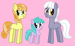 Size: 1008x625 | Tagged: safe, artist:katiesworldofponies36, aura (g4), junebug, royal riff, earth pony, pony, series:my little filly: friendship is magic, g4, adorabug, adult blank flank, aurabetes, background pony, blank flank, cute, daughter, diariffes, family, father, father and child, father and daughter, female, filly, foal, headcanon, male, mare, mother, mother and child, mother and daughter, mother and father, ms paint, pink background, simple background, smiling, stallion