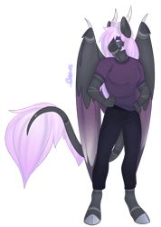 Size: 1267x1777 | Tagged: safe, artist:trashpanda czar, oc, oc only, oc:zenon mane, hybrid, anthro, unguligrade anthro, anthro oc, clothes, cloven hooves, horns, long hair, long mane, long tail, simple background, solo, tail, transparent background, wings