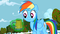 Size: 1280x720 | Tagged: safe, screencap, rainbow dash, pegasus, pony, g4, the super speedy cider squeezy 6000, magic, mug, smiling, solo, telekinesis