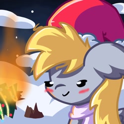 Size: 2048x2048 | Tagged: safe, artist:bluebery57, derpy hooves, pegasus, pony, g4, blushing, christmas, clothes, cloud, female, fire, hat, high res, holiday, mare, santa hat, scarf, solo
