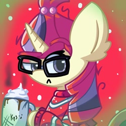 Size: 2048x2048 | Tagged: safe, artist:bluebery57, moondancer, earth pony, pony, unicorn, g4, chocolate, christmas, clothes, cup, female, food, glasses, high res, holiday, hot chocolate, looking at you, mare, solo, sweater