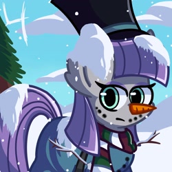 Size: 2048x2048 | Tagged: safe, artist:bluebery57, maud pie, earth pony, pony, g4, carrot, christmas, clothes, female, food, hat, high res, holiday, mare, pine tree, scarf, snow, snowfall, solo, top hat, tree