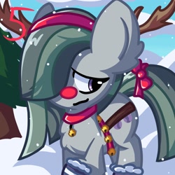 Size: 2048x2048 | Tagged: safe, artist:bluebery57, marble pie, earth pony, pony, g4, antlers, boots, collar, female, high res, mare, pine tree, rudolph nose, shoes, snow, snowfall, solo, tree