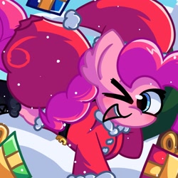 Size: 2048x2048 | Tagged: safe, artist:bluebery57, pinkie pie, earth pony, pony, g4, christmas, christmas outfit, christmas presents, female, hat, high res, holiday, mare, one eye closed, sack, santa hat, solo, wink