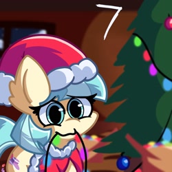 Size: 2048x2048 | Tagged: safe, artist:bluebery57, coco pommel, earth pony, pony, g4, christmas, christmas lights, christmas outfit, christmas tree, cocobetes, cute, female, hat, high res, holiday, mare, mouth hold, santa hat, solo, tree