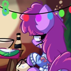 Size: 2048x2048 | Tagged: safe, artist:bluebery57, berry punch, berryshine, earth pony, pony, g4, bottle, bowl, christmas, christmas lights, christmas tree, clothes, eggnog, female, high res, holiday, mare, solo, sweater, table, tree