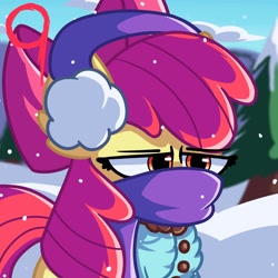 Size: 2048x2048 | Tagged: safe, artist:bluebery57, apple bloom, earth pony, pony, g4, apple bloom is not amused, clothes, earmuffs, female, filly, foal, high res, pine tree, scarf, snow, snowfall, solo, tree, unamused