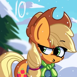 Size: 2048x2048 | Tagged: safe, artist:bluebery57, applejack, earth pony, pony, g4, clothes, female, high res, mare, pine tree, snow, snowball, snowfall, solo, sweater, tree
