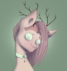 Size: 2021x2160 | Tagged: safe, artist:avi, oc, oc only, antlers, bald, button eyes, gradient background, green background, high res, pink fur, pink hair, solo, string