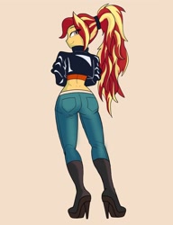 Size: 1217x1588 | Tagged: safe, artist:peel_a_na, sunset shimmer, human, equestria girls, g4, ass, boots, bunset shimmer, butt, clothes, denim, eye clipping through hair, high heel boots, high heels, jacket, jeans, leather, leather jacket, looking at you, looking back, looking back at you, midriff, pants, ponytail, rear view, shoes, simple background, solo, stupid sexy sunset shimmer