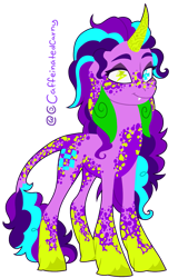Size: 925x1444 | Tagged: safe, artist:caffeinatedcarny, derpibooru exclusive, oc, oc only, oc:viibe, pony, unicorn, 2024 community collab, derpibooru community collaboration, coat markings, colorful, curved horn, fangs, freckles, green skin, heterochromia, horn, horn runes, leonine tail, lidded eyes, looking at you, lop ears, markings, nonbinary, simple background, slender, smiling, solo, speckled, tail, tall, thin, transparent background, unicorn oc, unshorn fetlocks, wingding eyes