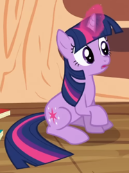 Size: 328x442 | Tagged: safe, screencap, twilight sparkle, pony, unicorn, g4, season 2, secret of my excess, cropped, female, frown, golden oaks library, magic, magic aura, mare, open mouth, raised hoof, sitting, solo, surprised, unicorn twilight