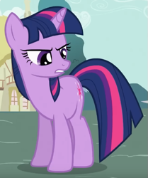 Size: 423x506 | Tagged: safe, screencap, twilight sparkle, pony, unicorn, g4, season 2, secret of my excess, angry, annoyed, female, frown, mare, offscreen character, ponyville, solo, standing, turned head, unicorn twilight, upset