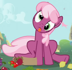 Size: 431x420 | Tagged: safe, screencap, cheerilee, earth pony, pony, g4, season 2, secret of my excess, apple, bag, carrot, cheeribetes, cropped, cute, derp, dizzy, female, food, grapes, groceries, lemon, mare, paper bag, ponyville, sitting, solo, strawberry, tongue out