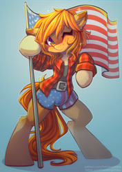Size: 3508x4961 | Tagged: safe, artist:chaosangeldesu, oc, oc only, earth pony, pony, american flag, belt, bipedal, blushing, clothes, commission, cute, flag, looking at you, nation ponies, one eye closed, ponified, shirt, shorts, smiling, smiling at you, solo, united states, wink