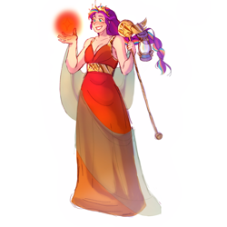Size: 2000x2000 | Tagged: safe, artist:starsbursts, sunny starscout, human, g5, blushing, clothes, crown, cute, dress, female, grin, high res, hope lantern, humanized, jewelry, lantern, magic, mane stripe sunny, princess sunny starscout, regalia, simple background, smiling, solo, staff, sunnybetes, white background