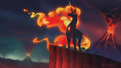 Size: 5333x3000 | Tagged: safe, artist:light262, oc, oc only, oc:molten heat, unicorn, colored eyelashes, commission, fiery mane, fiery tail, fire, gradient eyelashes, gradient horn, horn, lava, looking down, smoke, solo, standing, tail, unicorn oc, volcano