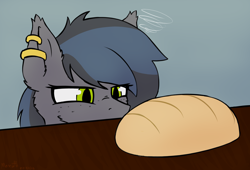 Size: 2464x1672 | Tagged: safe, artist:monycaalot, oc, oc only, oc:notde, bat pony, angry, bat pony oc, bread, colored sketch, food, gift art, looking at something, sketch, table