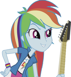 Size: 2332x2520 | Tagged: safe, edit, edited screencap, editor:mrtoonlover83, screencap, rainbow dash, human, equestria girls, g4, arms, background removed, breasts, bust, clothes, collar, electric guitar, eyebrows, female, guitar, hair, hand on hip, high res, holding, leaning forward, musical instrument, not a vector, raised eyebrow, shirt, simple background, skirt, smiling, solo, t-shirt, teenager, teeth, transparent background, wristband