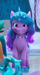 Size: 213x396 | Tagged: safe, screencap, hitch trailblazer, izzy moonbow, sparky sparkeroni, violet frost, dragon, earth pony, pony, unicorn, g5, my little pony: make your mark, my little pony: make your mark chapter 6, secrets of starlight, spoiler:g5, spoiler:my little pony: make your mark, spoiler:my little pony: make your mark chapter 6, spoiler:mymc06e04, animated, cropped, cute, excited, female, gif, happy, hoofy-kicks, izzybetes, mare, offscreen character, solo focus, tippy taps