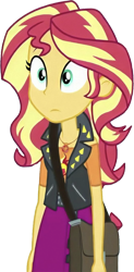 Size: 1243x2520 | Tagged: safe, edit, edited screencap, editor:mrtoonlover83, screencap, sunset shimmer, human, equestria girls, equestria girls specials, g4, my little pony equestria girls: forgotten friendship, :|, background removed, bag, belt, clothes, confused, cutie mark on clothes, geode of empathy, handbag, jewelry, leather, leather belt, leather vest, magical geodes, necklace, not a vector, pink skirt, shirt, shoulderless, shoulderless shirt, simple background, skirt, solo, spikes, studs, teenager, transparent background, vest