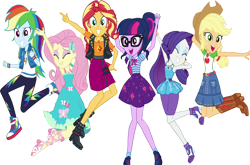 Size: 3822x2520 | Tagged: safe, edit, edited screencap, editor:homersimpson1983, screencap, applejack, fluttershy, rainbow dash, rarity, sci-twi, sunset shimmer, twilight sparkle, human, equestria girls, g4, arm behind head, armpits, arms in the air, background removed, belt, big grin, big smile, boots, bowtie, bracelet, breasts, bust, clothes, collar, converse, denim, denim skirt, dress, eyes closed, female, fluttershy boho dress, freckles, grin, hair, hairpin, hands in the air, high res, hoodie, jewelry, jumping, leaping, leather, leather vest, leggings, legs, makeup, not a vector, open mouth, open smile, ponytail, puffy sleeves, rarity peplum dress, shirt, shoes, simple background, skirt, sleeveless, sleeveless dress, sleeveless shirt, smiling, sweater, tank top, teenager, transparent background, vest, wristband