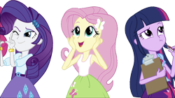 Size: 3982x2237 | Tagged: safe, edit, edited screencap, editor:homersimpson1983, screencap, fluttershy, pinkie pie, rarity, twilight sparkle, human, equestria girls, g4, background removed, belt, blouse, bracelet, breasts, bust, clipboard, clothes, female, fingers, hair, hairpin, hand on face, high res, holding, jewelry, looking up, makeup, not a vector, one eye closed, open mouth, open smile, pen, puffy sleeves, simple background, skirt, smiling, tank top, teenager, thinking, transparent background, wondering