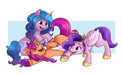 Size: 2000x1196 | Tagged: safe, artist:shini-smurf, izzy moonbow, pipp petals, sunny starscout, earth pony, pegasus, pony, unicorn, g5, adorapipp, bracelet, colored wings, commission, crying, cute, diadem, eyebrows, eyes closed, female, izzybetes, jewelry, laughing, lesbian, lying down, on side, one wing out, open mouth, open smile, playful, polyamory, polygamy, regalia, ring, ship:moonpetals, ship:moonscout, ship:petalscout, shipping, signature, simple background, sitting, smiling, spread wings, sunnybetes, sunnyizzypipp, tears of laughter, tickling, ticklish tummy, trio, trio female, wedding ring, wing tickle, wings