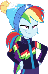 Size: 1636x2520 | Tagged: safe, edit, edited screencap, editor:mrtoonlover83, screencap, rainbow dash, human, equestria girls, g4, background removed, clothes, female, hat, not a vector, simple background, smiling, snow, solo, transparent background, winter outfit