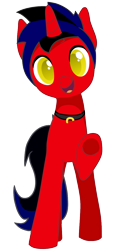 Size: 687x1296 | Tagged: safe, artist:tcgamebot, oc, oc only, oc:eclipse shine, pony, unicorn, 2024 community collab, derpibooru community collaboration, collar, horn, looking at you, male, simple background, smiling, solo, stallion, transparent background, underhoof