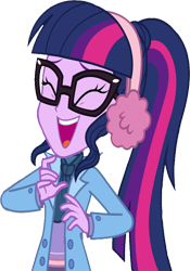 Size: 1761x2520 | Tagged: safe, edit, edited screencap, editor:homersimpson1983, screencap, sci-twi, twilight sparkle, human, equestria girls, g4, background removed, earmuffs, eyes closed, female, glasses, laughing, not a vector, open mouth, simple background, solo, transparent background