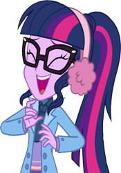 Size: 1761x2520 | Tagged: safe, edit, edited screencap, editor:mrtoonlover83, screencap, sci-twi, twilight sparkle, human, equestria girls, g4, background removed, earmuffs, eyes closed, female, glasses, laughing, not a vector, open mouth, simple background, solo, transparent background