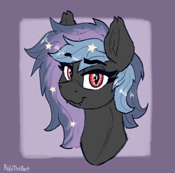 Size: 1799x1770 | Tagged: safe, artist:reddthebat, oc, oc only, oc:stellar wind, bat pony, pony, bat pony oc, bust, ethereal mane, eyebrows, eyebrows visible through hair, eyes open, female, lidded eyes, looking at you, mare, multicolored hair, red eyes, signature, simple background, smiling, smiling at you, smirk, solo, starry mane
