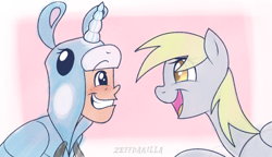 Size: 1024x589 | Tagged: safe, artist:zeffdakilla, derpy hooves, oc, oc:bubbles, human, pegasus, pony, g4, clothes, crossover, duo, eye shimmer, female, grin, happy, hoodie, looking at each other, looking at someone, male, non-mlp oc, raised hoof, scout (tf2), simple background, smiling, team fortress 2