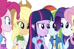 Size: 3778x2520 | Tagged: safe, edit, edited screencap, editor:homersimpson1983, screencap, applejack, fluttershy, pinkie pie, rainbow dash, rarity, sci-twi, twilight sparkle, human, equestria girls, g4, my little pony equestria girls: rainbow rocks, background removed, blouse, bowtie, breasts, bust, button-up shirt, clothes, collar, cowboy hat, female, freckles, frown, hair, happy, hat, high res, humane five, humane six, jacket, looking at each other, looking at someone, not a vector, ponytail, puffy sleeves, shirt, simple background, skirt, smiling, t-shirt, teenager, transparent background, vest