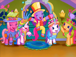 Size: 900x675 | Tagged: safe, screencap, cheerilee (g3), scootaloo (g3), starsong, sweetie belle (g3), toola-roola, butterfly, earth pony, pegasus, pony, unicorn, g3, meet the ponies, rainbow dash's hat fashion party, book, candle, clothes, cupcake, dress, eyes closed, flower, flower in hair, food, hat, heart, high heels, hoofbump, jumping, kerchief, looking at each other, looking at someone, necktie, paintbrush, pants, raised hoof, shirt, shoes, sun hat, top hat, trophy