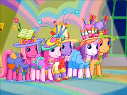 Size: 900x675 | Tagged: safe, screencap, cheerilee (g3), scootaloo (g3), starsong, sweetie belle (g3), toola-roola, butterfly, earth pony, pegasus, pony, unicorn, g3, meet the ponies, rainbow dash's hat fashion party, book, candle, clothes, cupcake, dress, flower, flower in hair, food, hat, heart, high heels, kerchief, necktie, paintbrush, pants, raised hoof, shirt, shoes, sun hat, top hat, trophy